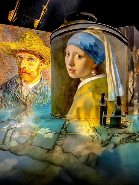 Immersive art projections at Fabrique des Lumières featuring Van Gogh and Vermeer.
