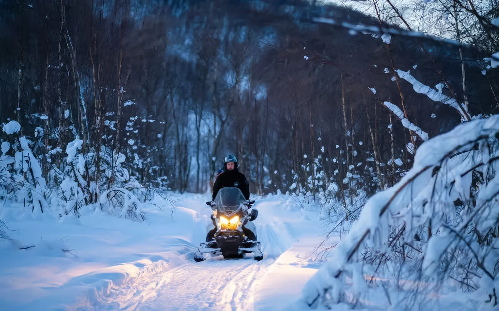 Snowmobile rider on snowy forest trail, Tromso day trip.