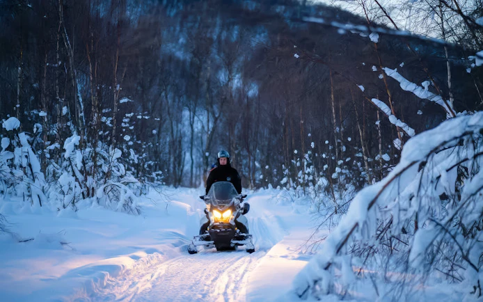 Snowmobile rider on snowy forest trail, Tromso day trip.