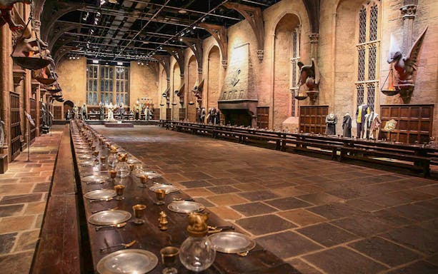 The Great Hall at the Harry Potter Exhibit with long tables and house banners.