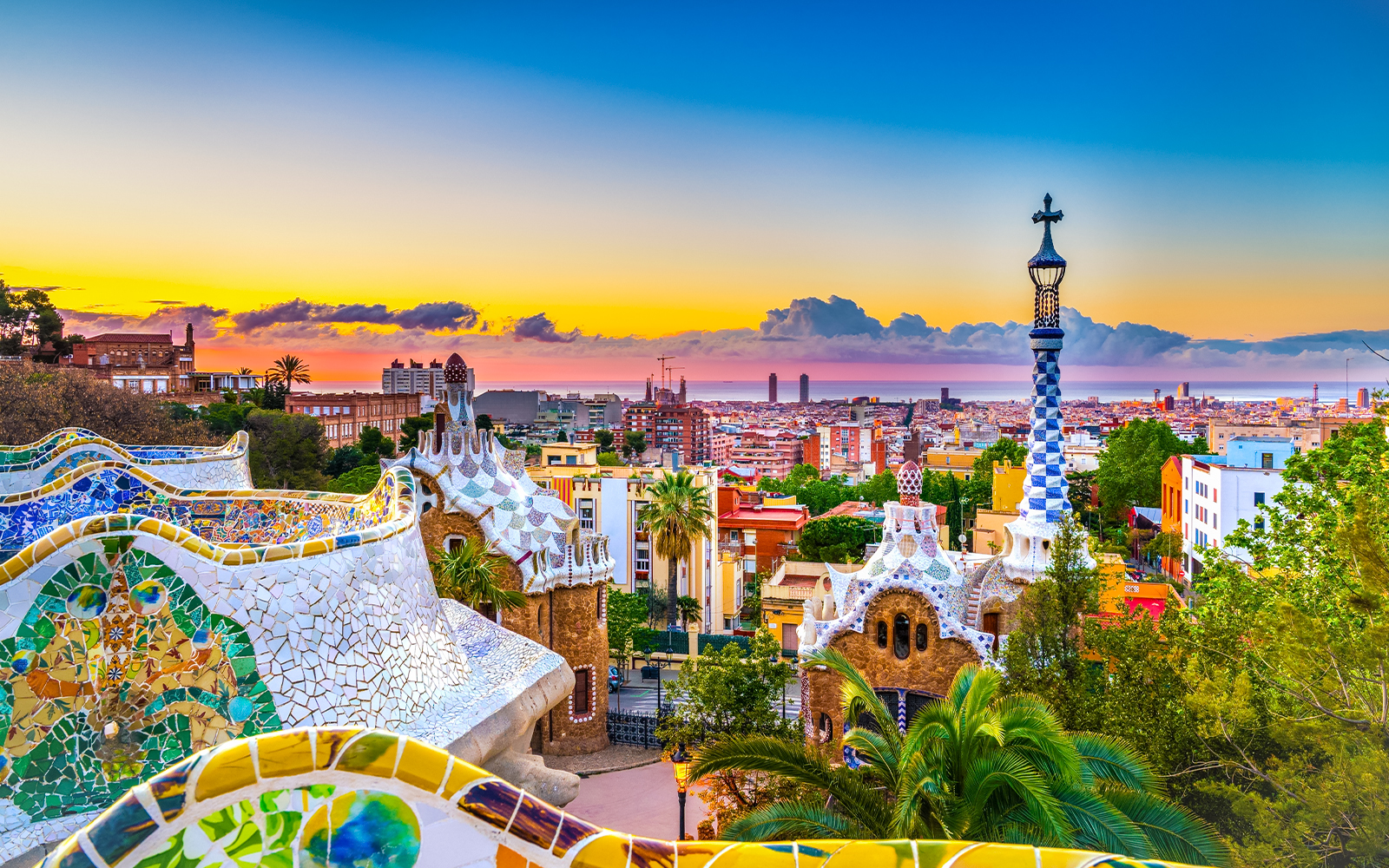 Park Güell mosaic benches overlooking Barcelona, Spain.
