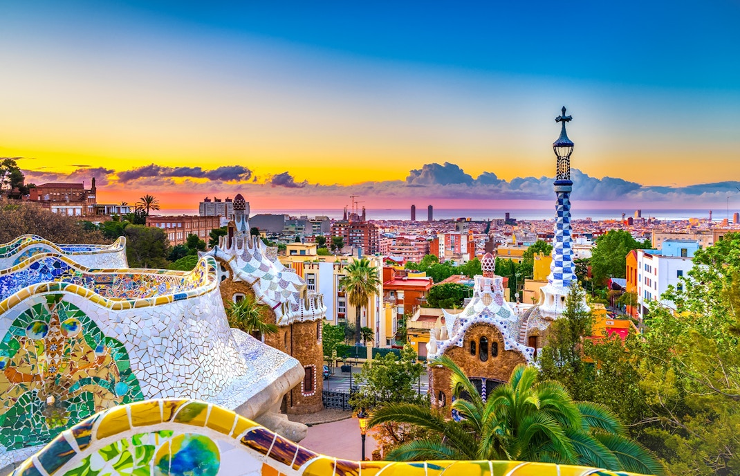 Park Güell mosaic benches overlooking Barcelona, Spain.