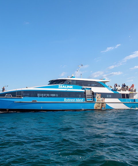 Ferry to Rottnest Island departing from Perth, with passengers on deck.