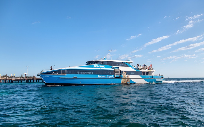 Ferry to Rottnest Island departing from Perth, with passengers on deck.