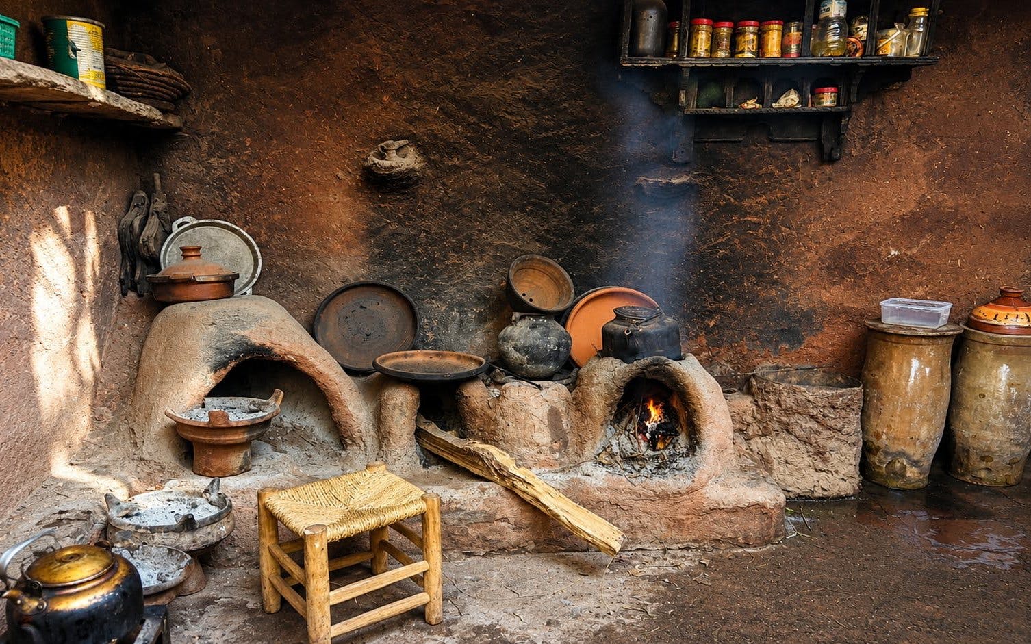Traditional Moroccan kitchen with clay ovens in Ourika Valley, Marrakech.
