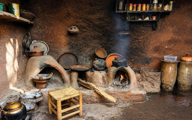 Traditional Moroccan kitchen with clay ovens in Ourika Valley, Marrakech.