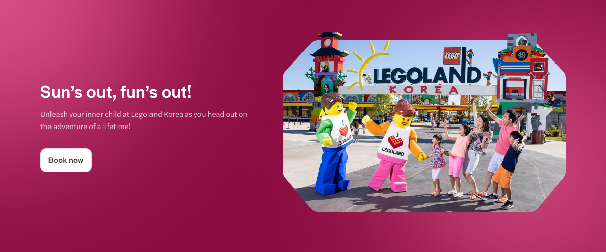Legoland Korea entrance with Lego characters and a family in Seoul, South Korea.