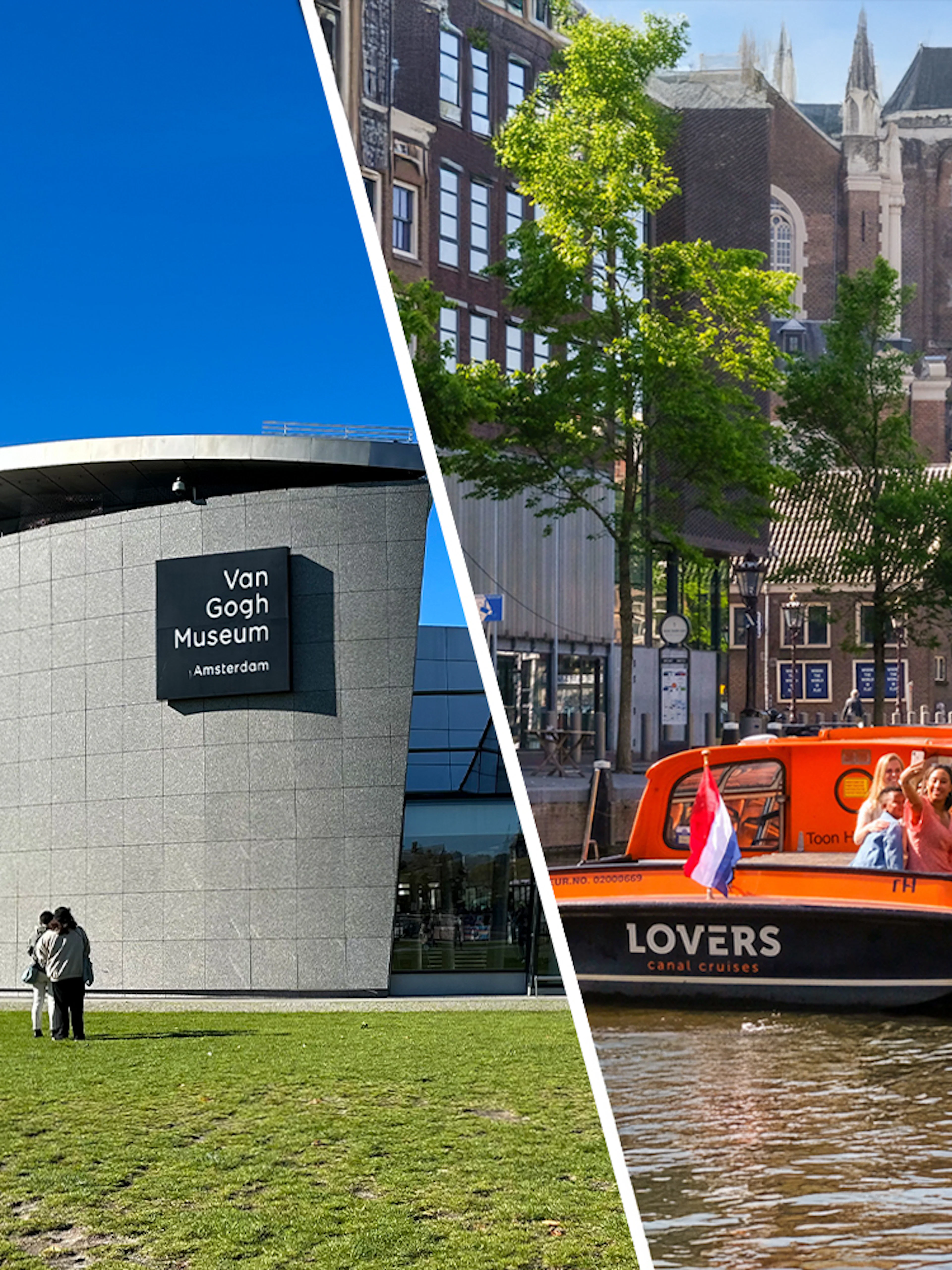 Van Gogh Museum and canal cruise boat in Amsterdam.