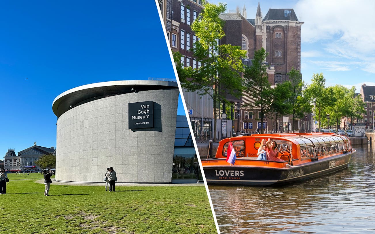 Van Gogh Museum and canal cruise boat in Amsterdam.