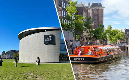 Van Gogh Museum and canal cruise boat in Amsterdam.