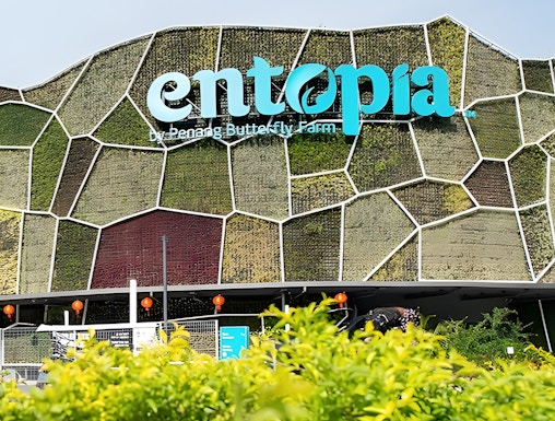 Entopia by Penang Butterfly Farm entrance with green wall and foliage.
