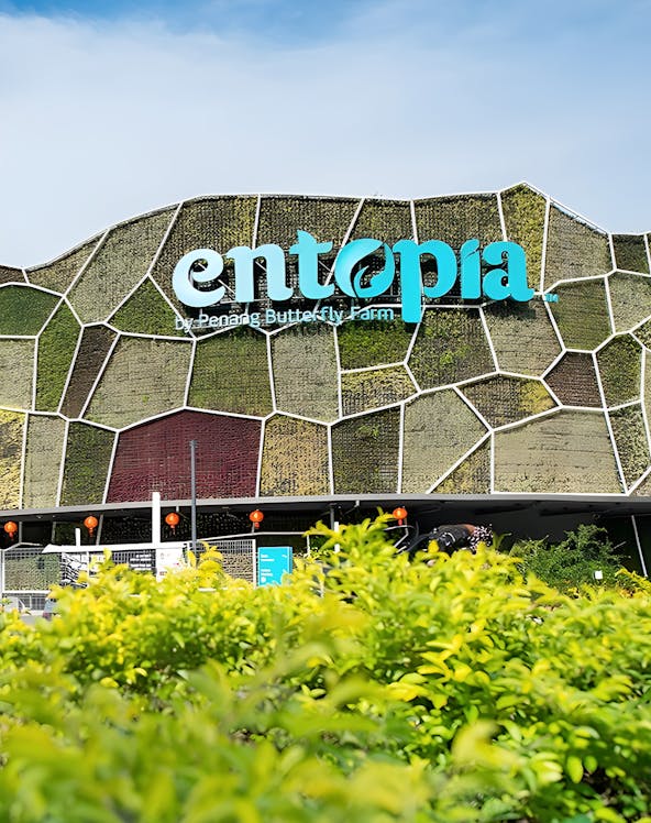 Entopia by Penang Butterfly Farm entrance with green wall and foliage.