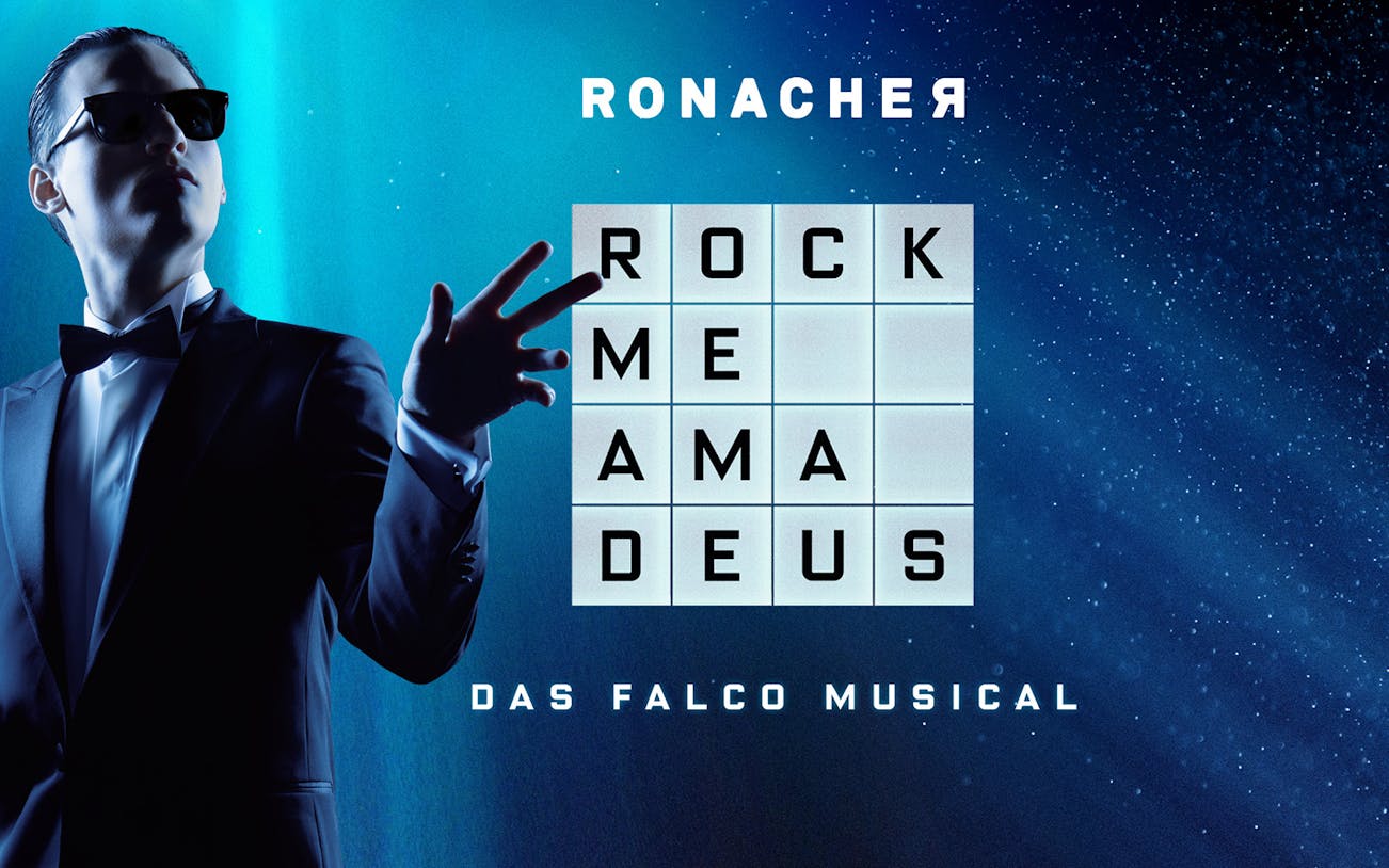Performer in sunglasses and tuxedo with 'Rock Me Amadeus - Das Falco Musical' text at Ronacher