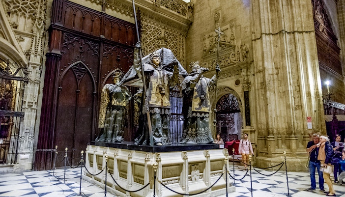 Tomb of Christopher Columbus inside Seville Cathedral, Spain.