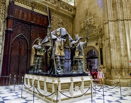 Tomb of Christopher Columbus inside Seville Cathedral, Spain.