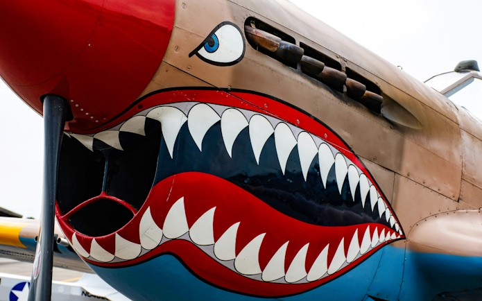 Fighter plane nose art with shark teeth design.