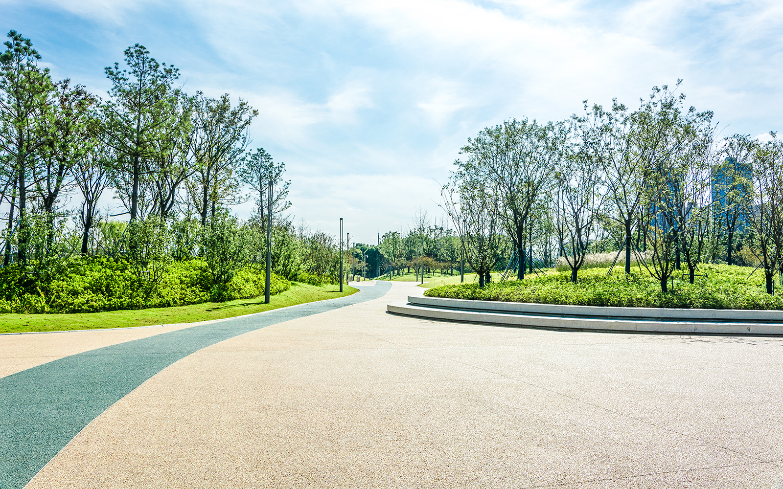 Pathway through a city park landscape with trees and greenery.