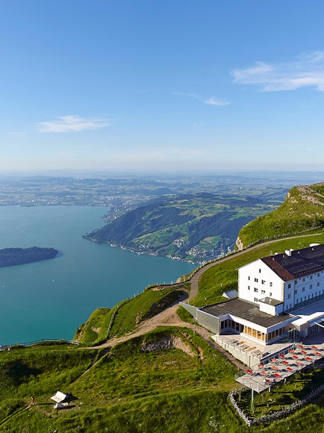 Mount Rigi summit with panoramic view of Lake Lucerne and surrounding landscape.