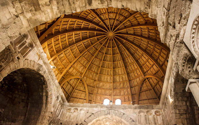 Wooden dome interior at Amman Citadel, Jordan.