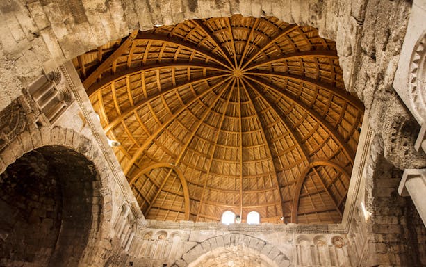 Wooden dome interior at Amman Citadel, Jordan.