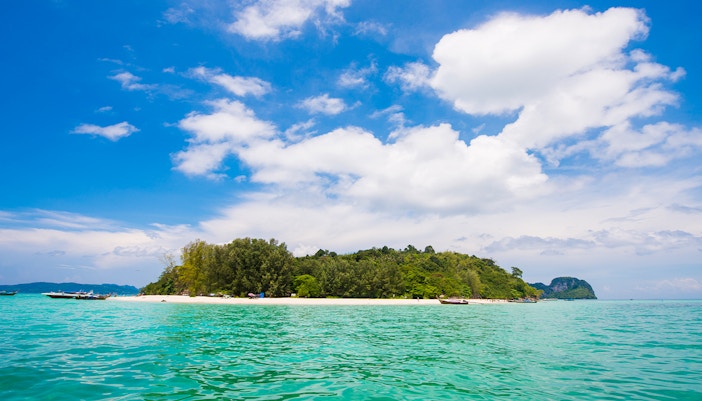 Bamboo Island beach with clear waters and lush greenery, part of Phi Phi Islands, Thailand.