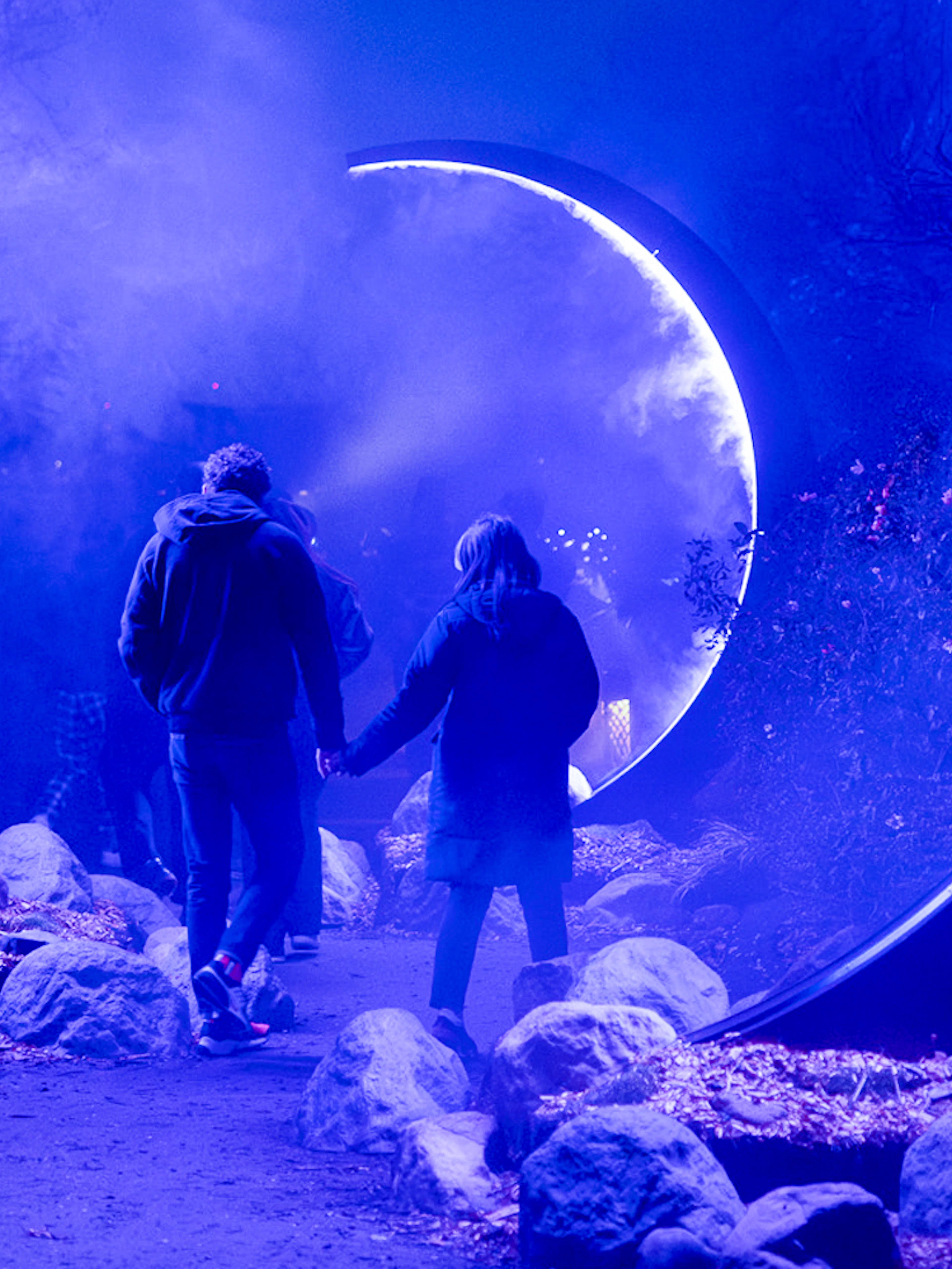 Visitors walking through illuminated portal at Astra Lumina, Currumbin Wildlife Sanctuary.