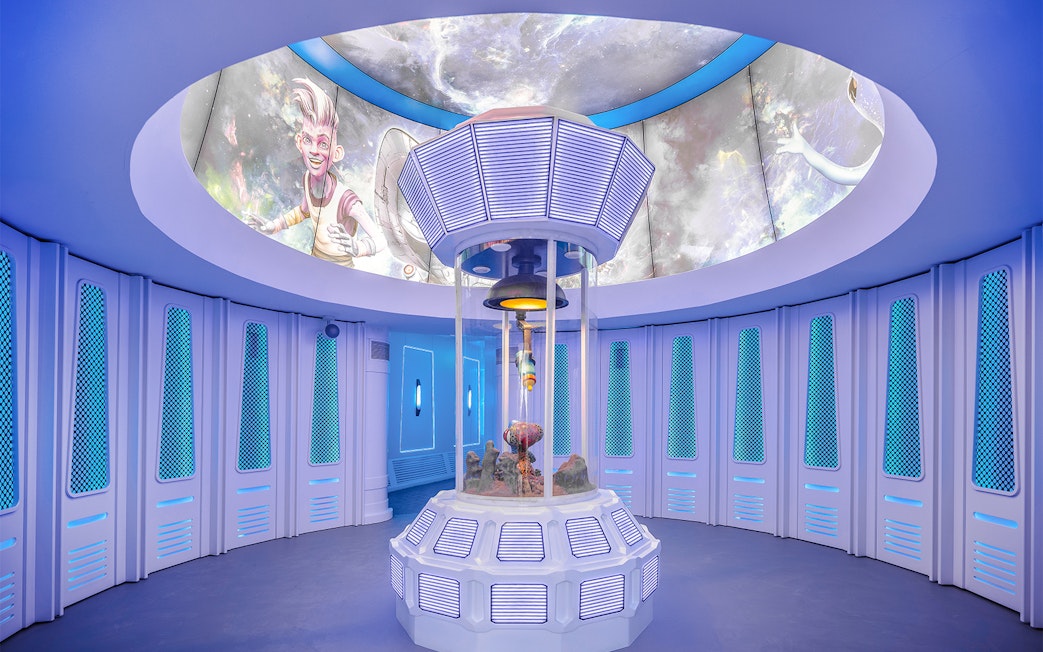 Futuristic room at Nickland in The Land of Legends theme park with space-themed decor.
