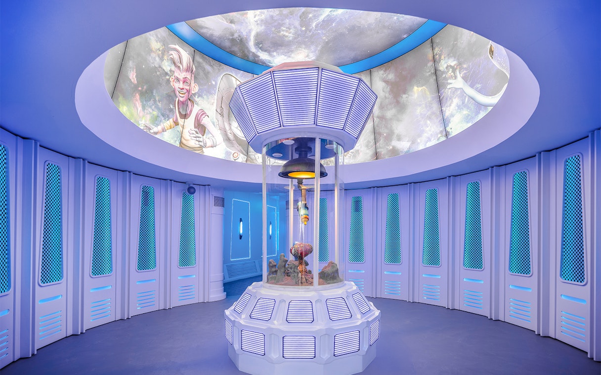 Futuristic room at Nickland in The Land of Legends theme park with space-themed decor.
