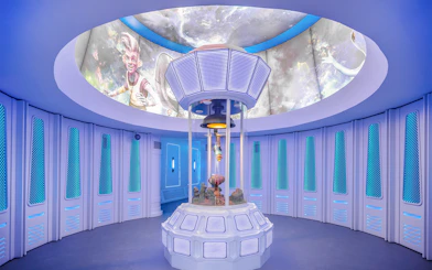 Futuristic room at Nickland in The Land of Legends theme park with space-themed decor.