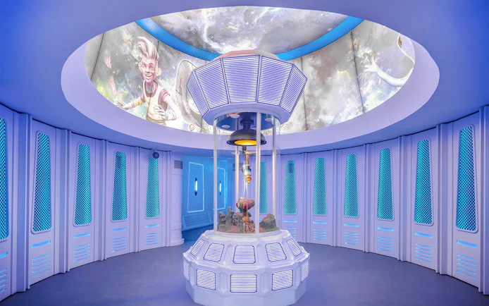 Futuristic room at Nickland in The Land of Legends theme park with space-themed decor.