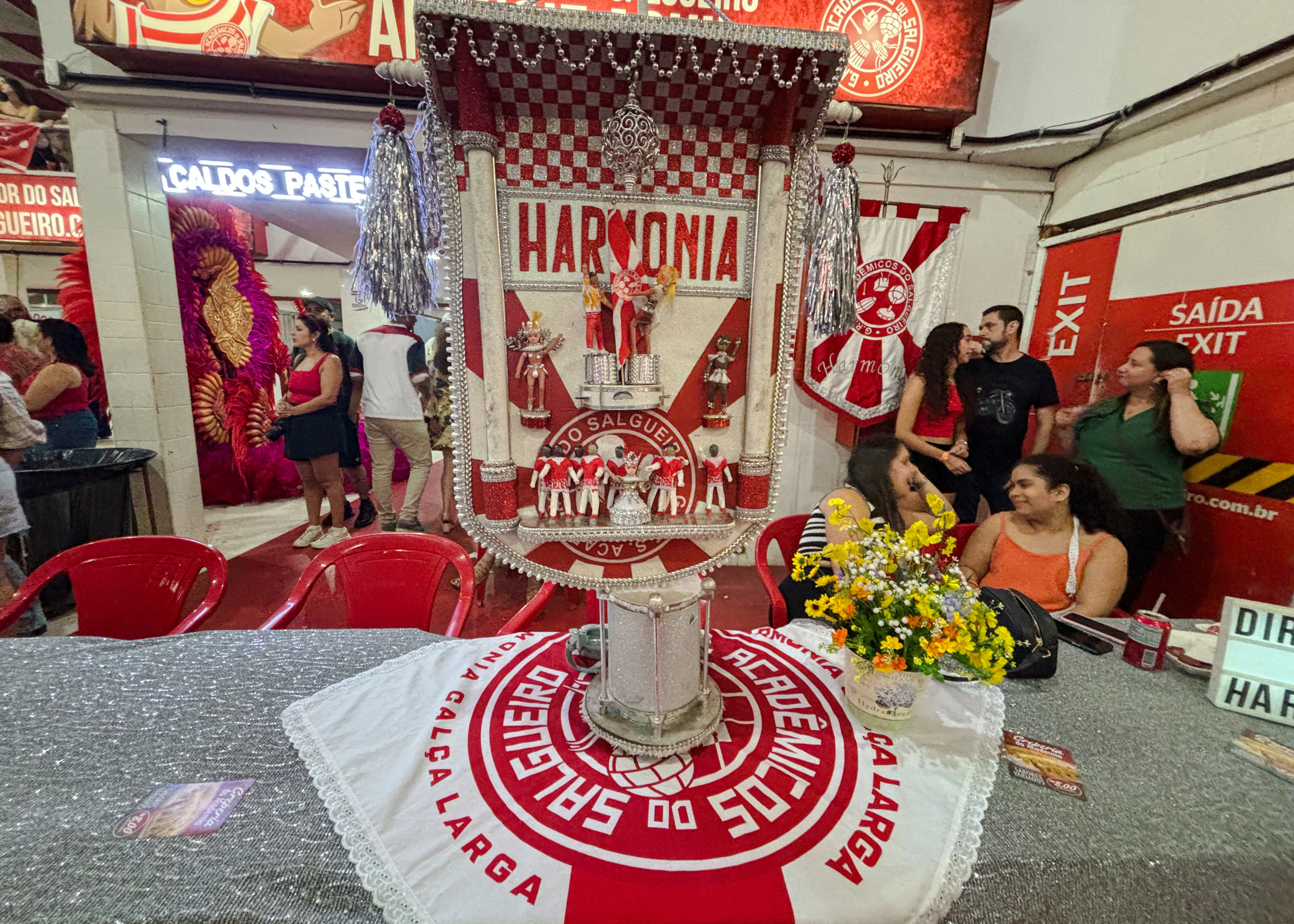 Salgueiro samba school rehearsal with decorations and people in Rio de Janeiro.
