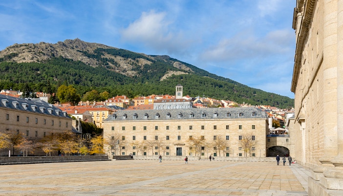 San Lorenzo de El Escorial front entry with open courtyard and historical architecture in Spain.