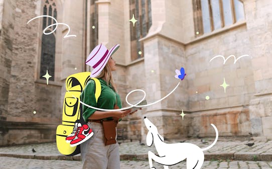 Solo traveler exploring historic European architecture with a map.