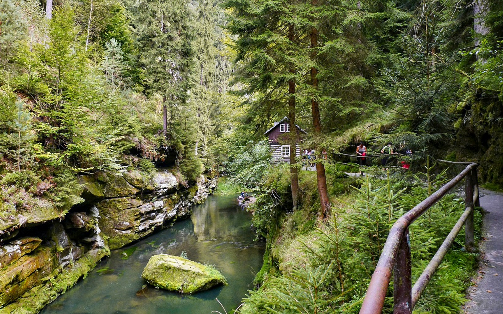Bastei Bridge tour path with forest, stream, and cabin in Saxon Switzerland.