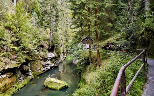Bastei Bridge tour path with forest, stream, and cabin in Saxon Switzerland.