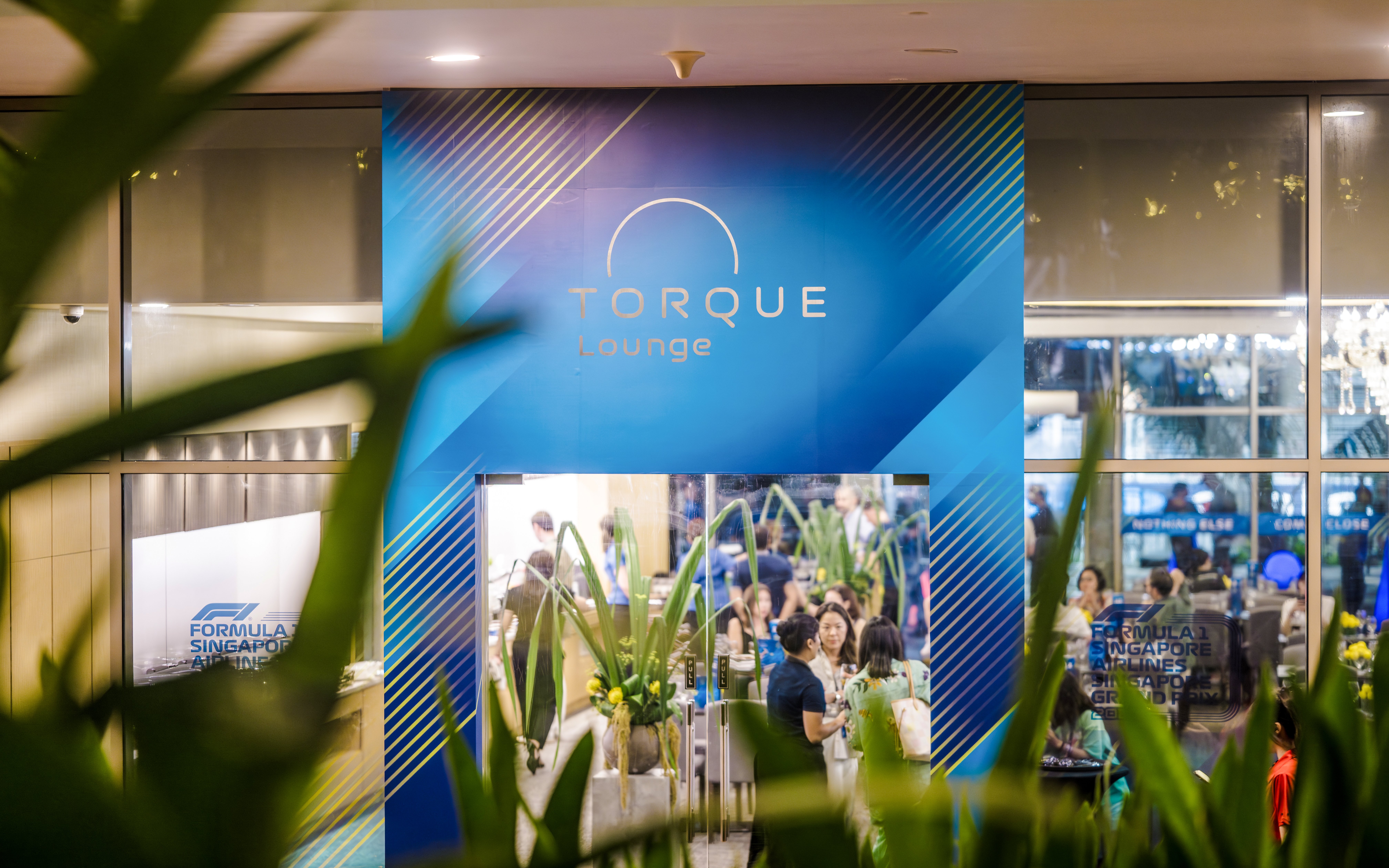 Torque Lounge entrance at Singapore Grand Prix, showcasing exclusive hospitality experience.