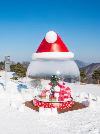 Snowman display at Vivaldi Park Ski Resort with festive decorations and snowy landscape.