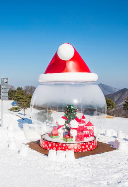 Snowman display at Vivaldi Park Ski Resort with festive decorations and snowy landscape.