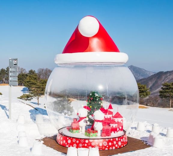 Snowman display at Vivaldi Park Ski Resort with festive decorations and snowy landscape.