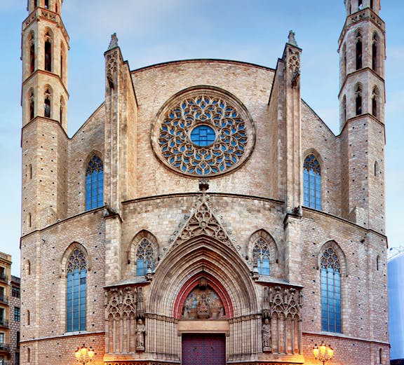 Santa Maria del Mar facade with rose window and twin towers in Barcelona.