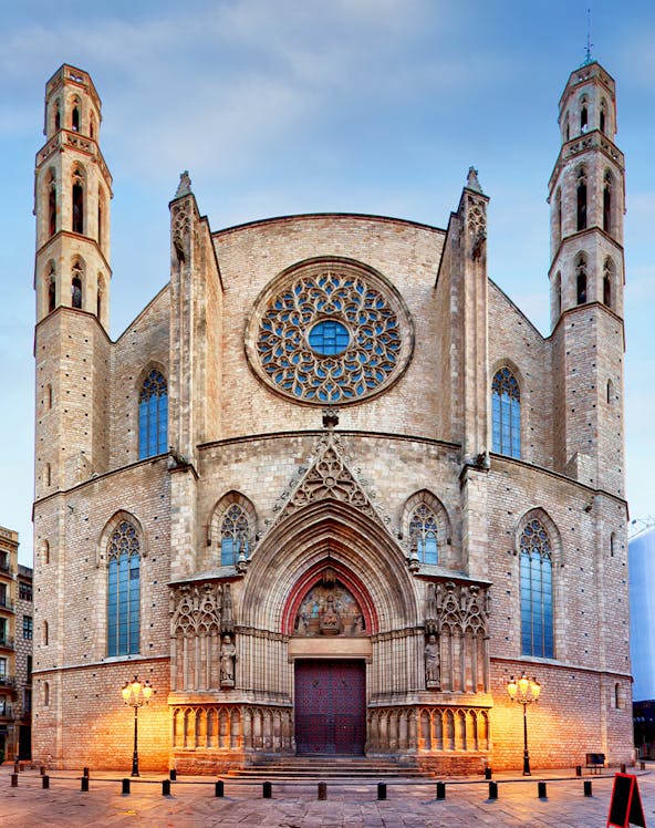 Santa Maria del Mar facade with rose window and twin towers in Barcelona.