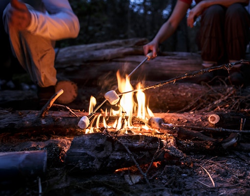 Roasting marshmallows over a campfire in Rovaniemi forest.
