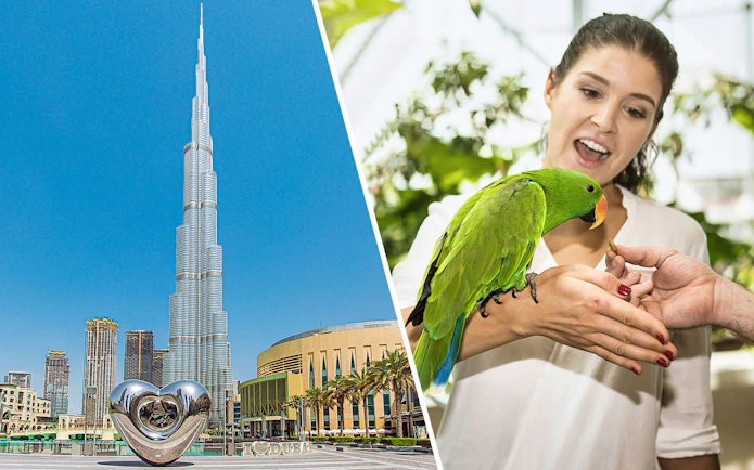 Burj Khalifa with heart sculpture and woman feeding parrot at Green Planet Dubai.