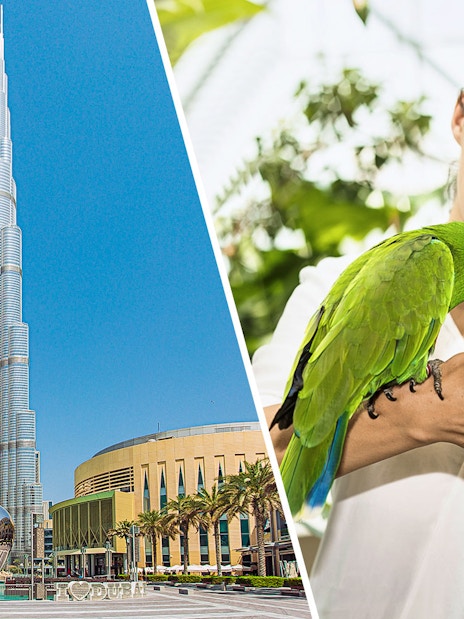 Burj Khalifa with heart sculpture and woman feeding parrot at Green Planet Dubai.