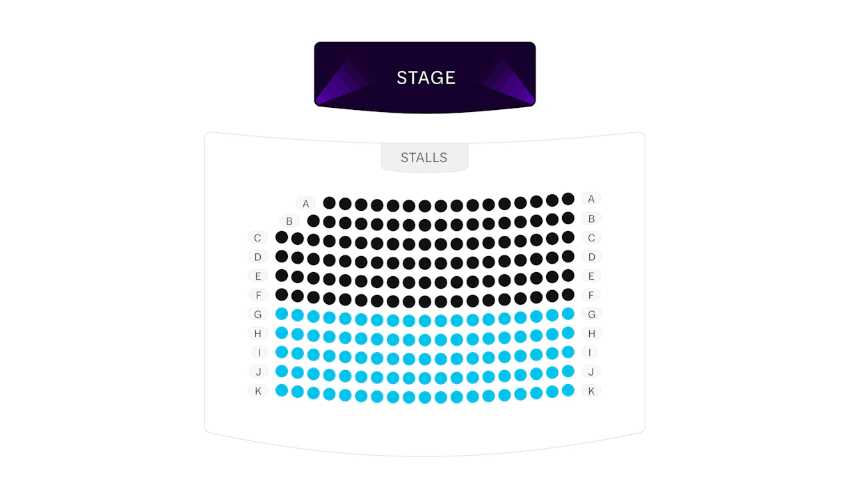 Theater seating chart with stage and stalls section.