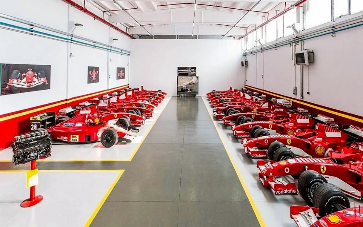 Ferrari race cars lined up at Ferrari Museum, Maranello.