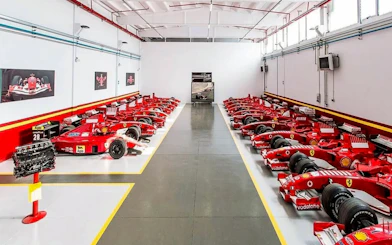 Ferrari race cars lined up at Ferrari Museum, Maranello.