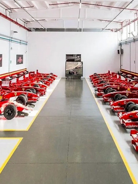 Ferrari race cars lined up at Ferrari Museum, Maranello.