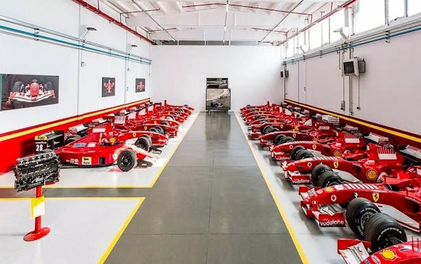 Ferrari race cars lined up at Ferrari Museum, Maranello.