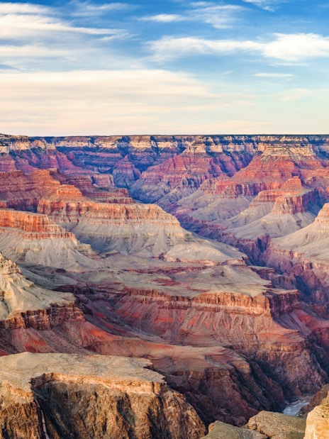 Panoramic view of the Grand Canyon's red rock formations.
